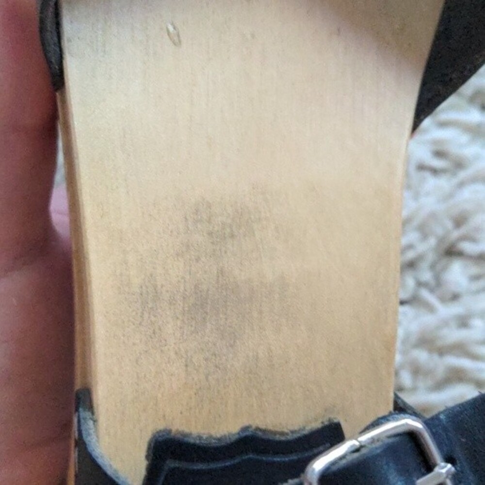Swedish Hasbeens Black Leather Peep-Toe Slingback Cork Sandals - Picture 12 of 14